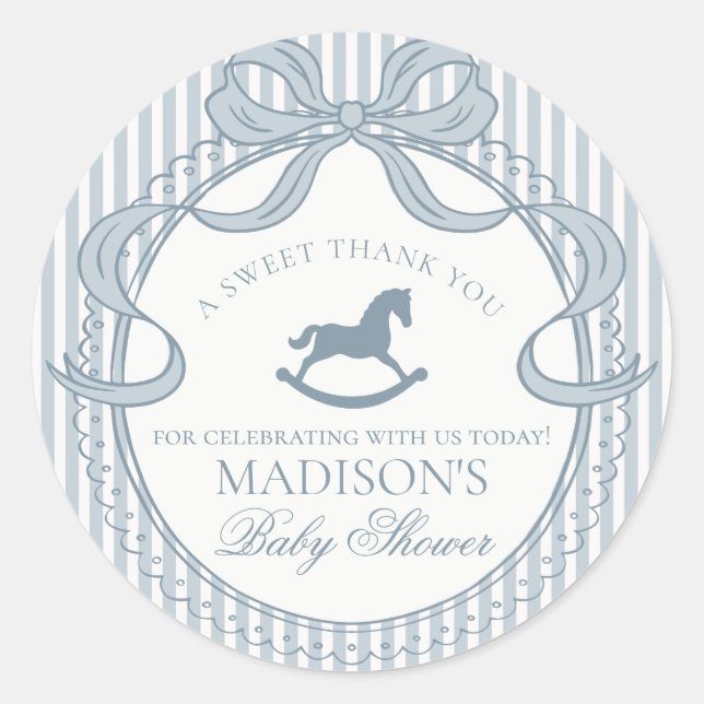 Blue Coquette Bow Rocking Horse Baby Shower Favor Classic Round Sticker (Front)