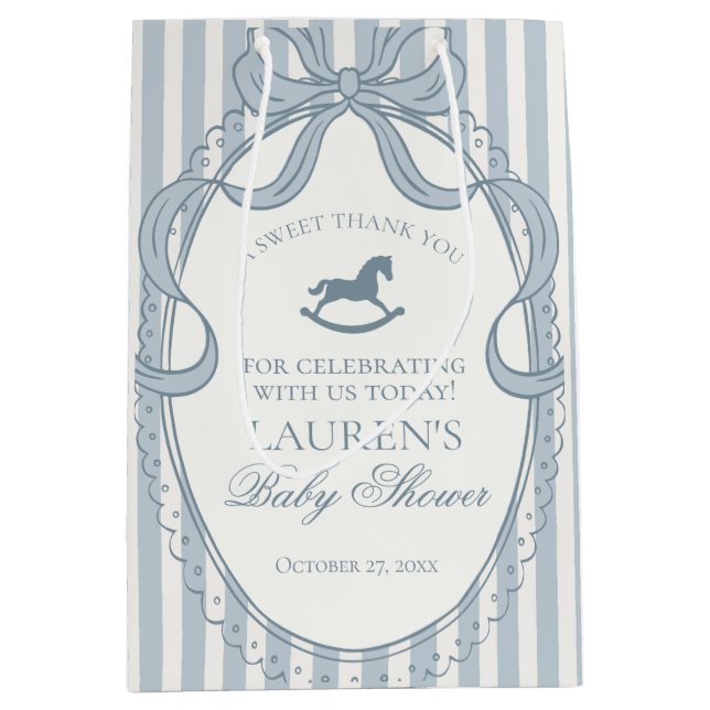 Blue Coquette Bow Rocking Horse Baby Shower Favors Medium Gift Bag (Front)