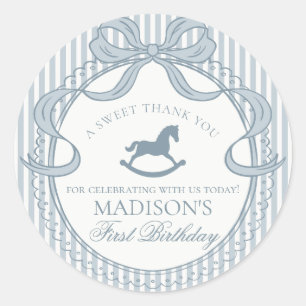 Blue Coquette Bow Rocking Horse Birthday Favor Classic Round Sticker