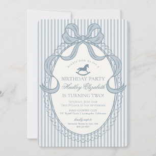 Blue Coquette Bow Rocking Horse Birthday Invitation