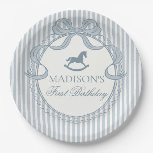Blue Coquette Bow Rocking Horse Birthday Paper Plate