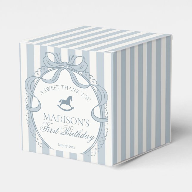 Blue Coquette Bow Rocking Horse Birthday Party Favour Box (Front Side)