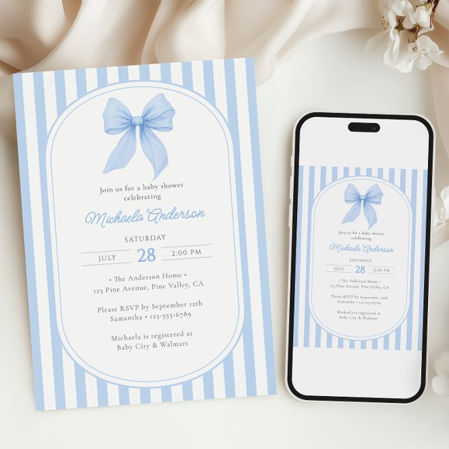 Blue Coquette Bow Striped Boy Baby Shower Invitation (Creator Uploaded)