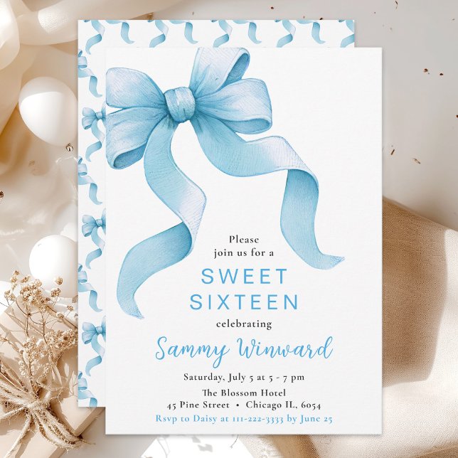 Blue Coquette Bow Sweet Sixteen Invitation (Creator Uploaded)
