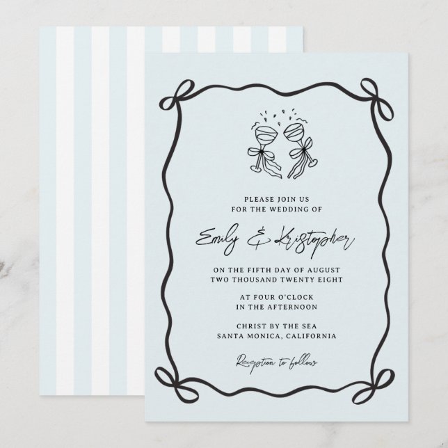 Blue  Coquette Bow Wedding Invitation (Front/Back)