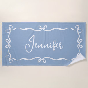 Blue Coquette Bows Beach Towel, Custom Name Towel