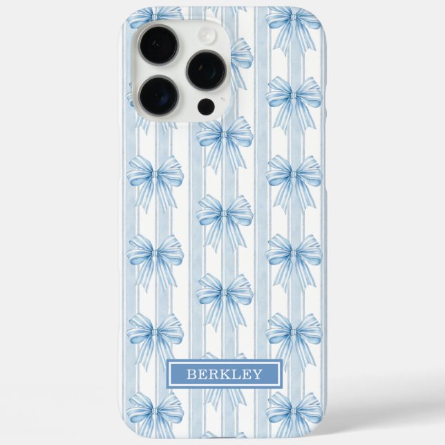 Blue Coquette Bows on Stripes Monogrammed Case-Mate iPhone Case (Back)