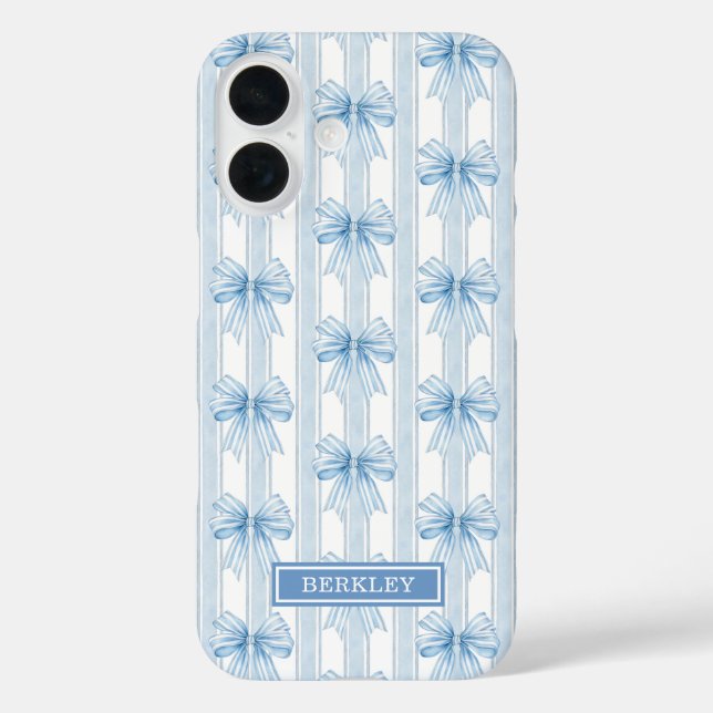 Blue Coquette Bows on Stripes Monogrammed Case-Mate iPhone Case (Back)