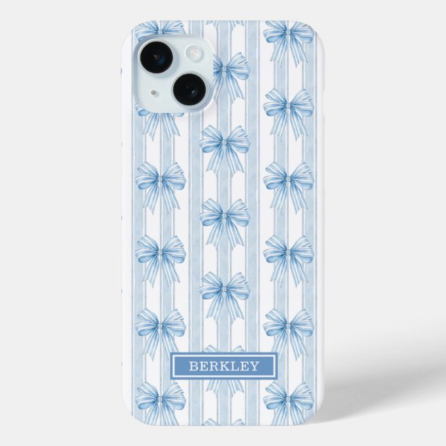 Blue Coquette Bows on Stripes Monogrammed Case-Mate iPhone Case (Back)