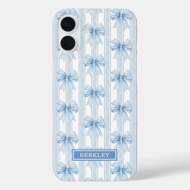 Blue Coquette Bows on Stripes Monogrammed Case-Mate iPhone Case (Back)
