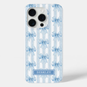 Blue Coquette Bows on Stripes Monogrammed iPhone 15 Pro Case