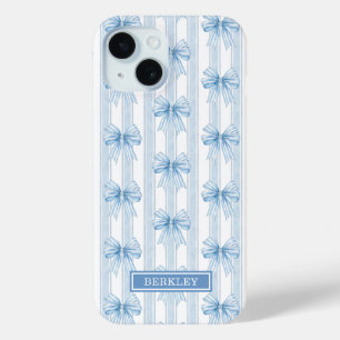 Blue Coquette Bows on Stripes Monogrammed iPhone 15 Case