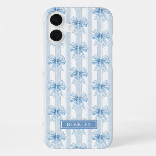 Blue Coquette Bows on Stripes Monogrammed iPhone 16 Plus Case