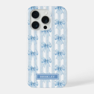 Blue Coquette Bows on Stripes Monogrammed iPhone 15 Pro Case