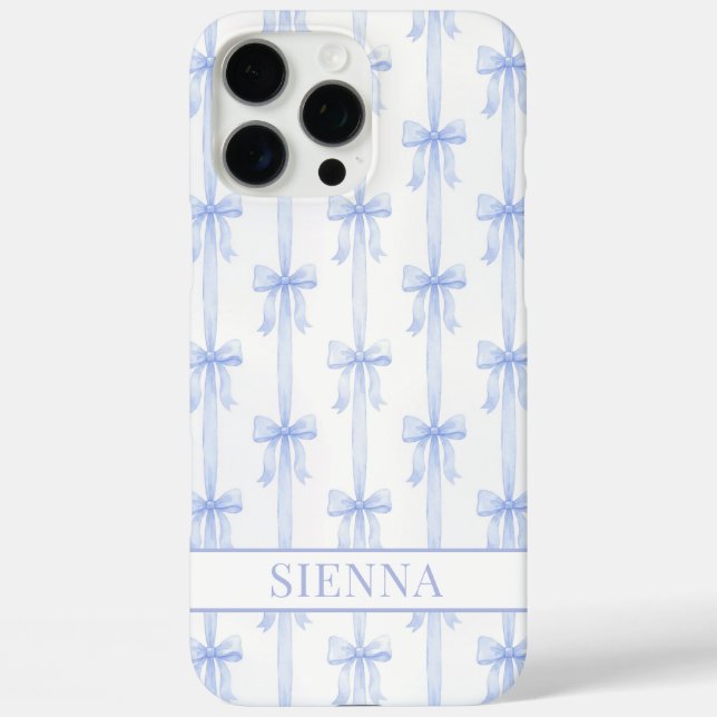 Blue Coquette Bows Striped Monogrammed Case-Mate iPhone Case (Back)