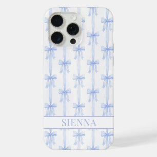 Blue Coquette Bows Striped Monogrammed iPhone 15 Pro Max Case