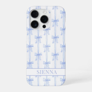 Blue Coquette Bows Striped Monogrammed iPhone 16 Pro Case