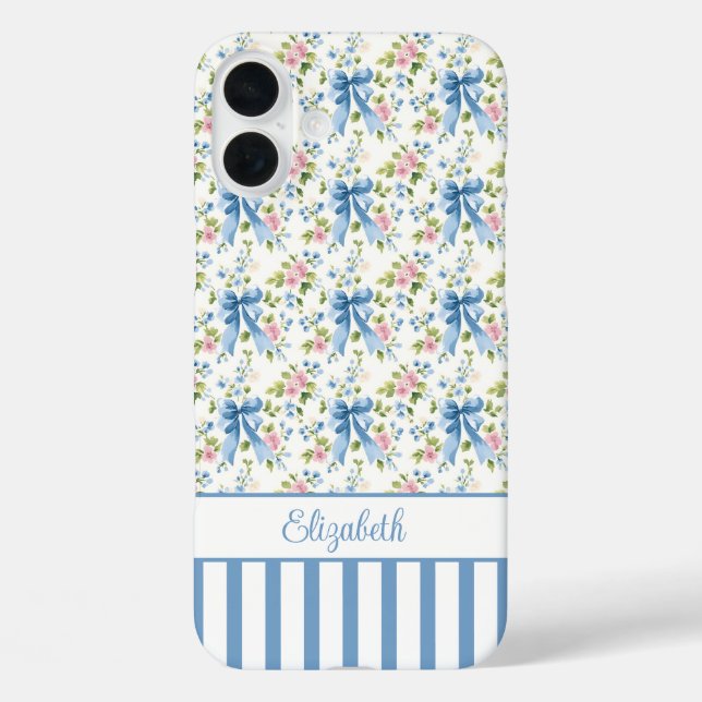 Blue Coquette Bows With Flowers Monogrammed  Case-Mate iPhone Case (Back)
