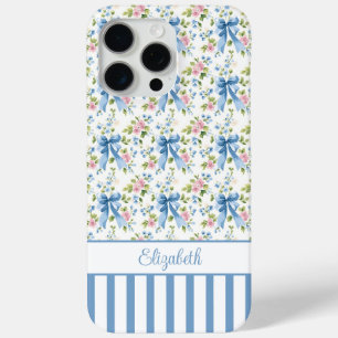 Blue Coquette Bows With Flowers Monogrammed iPhone 15 Pro Max Case
