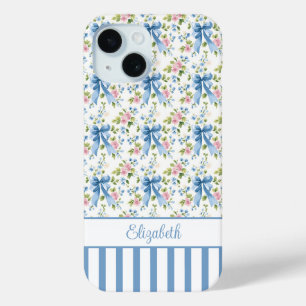 Blue Coquette Bows With Flowers Monogrammed iPhone 15 Case