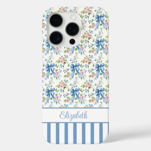 Blue Coquette Bows With Flowers Monogrammed  Case-Mate iPhone Case (Back)