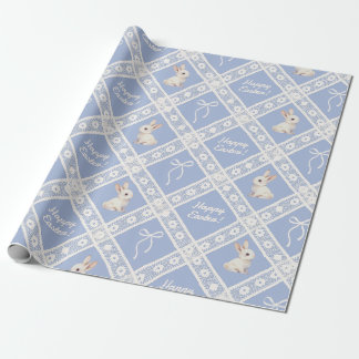 Blue Coquette Bunny Lace Pattern Wrapping Paper
