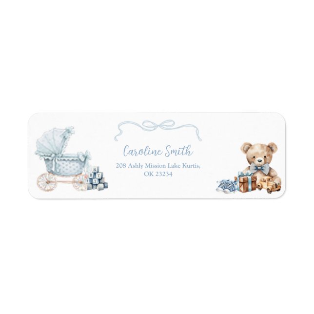 Blue Coquette Carriage Baby Shower Address Label (Front)