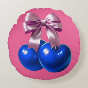 Blue Coquette Cherry Bow Aesthetic Soft Life Round Cushion