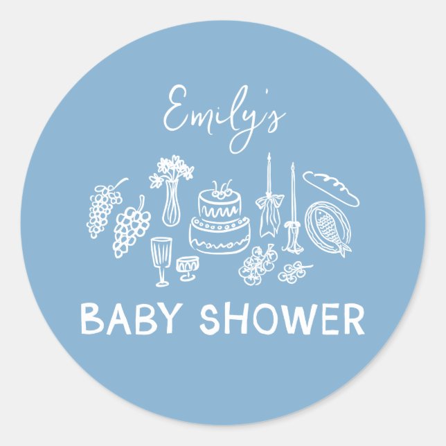 Blue coquette modern hand drawn baby shower classic round sticker (Front)