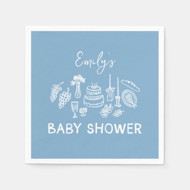 Blue coquette modern hand drawn baby shower napkin (Front)