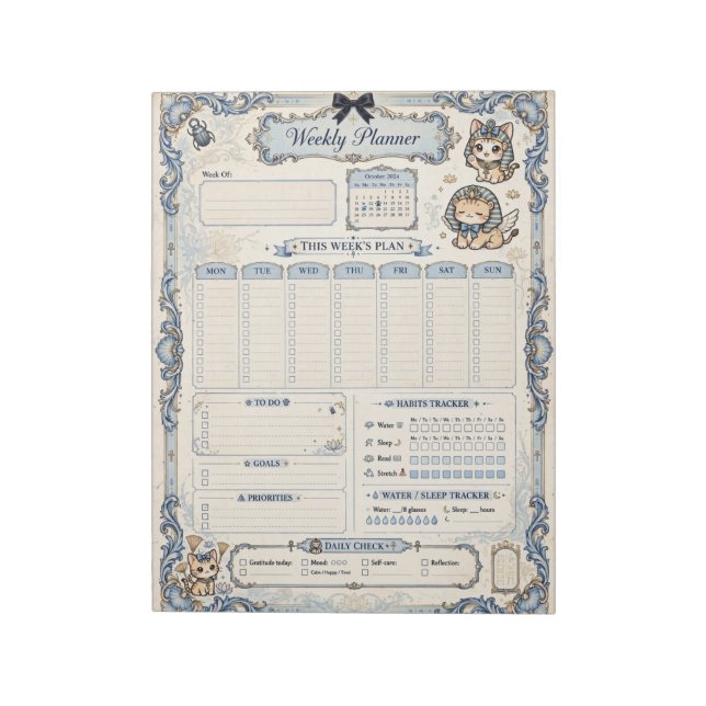 Blue Coquette Purrfect Week Weekly Planner Notepad (Rotated)