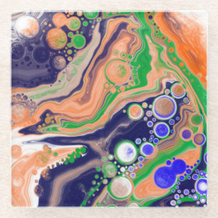 Blue, Coral and Green Pour Painting Fluid Art Glass Coaster