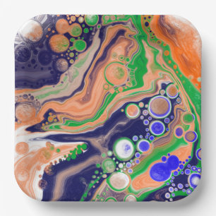 Blue, Coral and Green Pour Painting Fluid Art Paper Plate