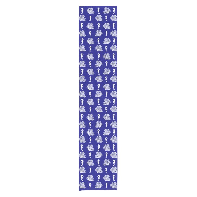 Blue Coral and Seahorses Coastal Beach Short Table Runner (Front)