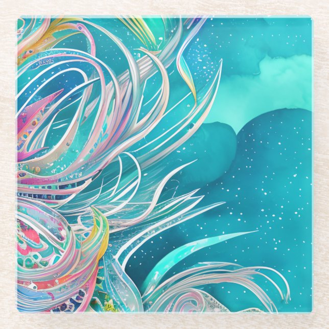 Blue Coral Beachy Abstract Art Glass Coaster (Front)
