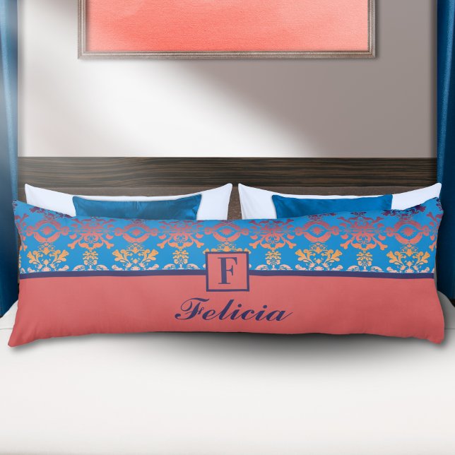 Blue Coral Damask Monogram Personalised Name Body Cushion (Creator Uploaded)