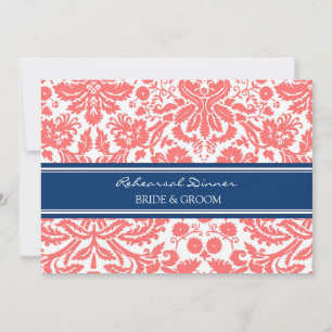 Blue Coral Damask Rehearsal Dinner Party Invitation