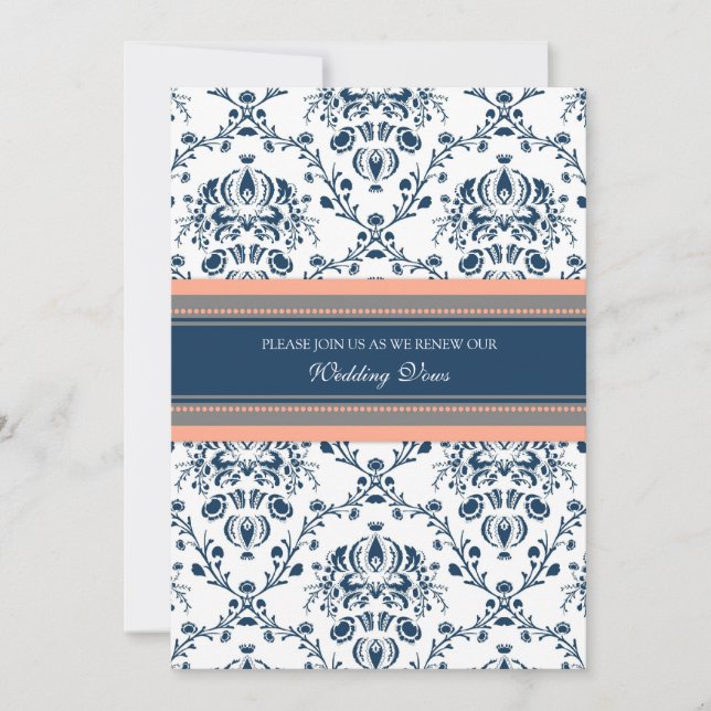 Blue Coral Damask Wedding Vow Renewal Invitations (Front)