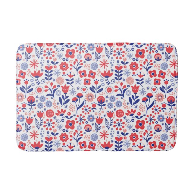 Blue & Coral Floral Pattern Bath Mat (Front)