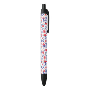 Blue & Coral Floral Pattern Black Ink Pen