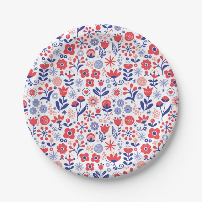 Blue & Coral Floral Pattern Paper Plate (Front)