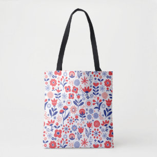 Blue & Coral Floral Pattern Tote Bag