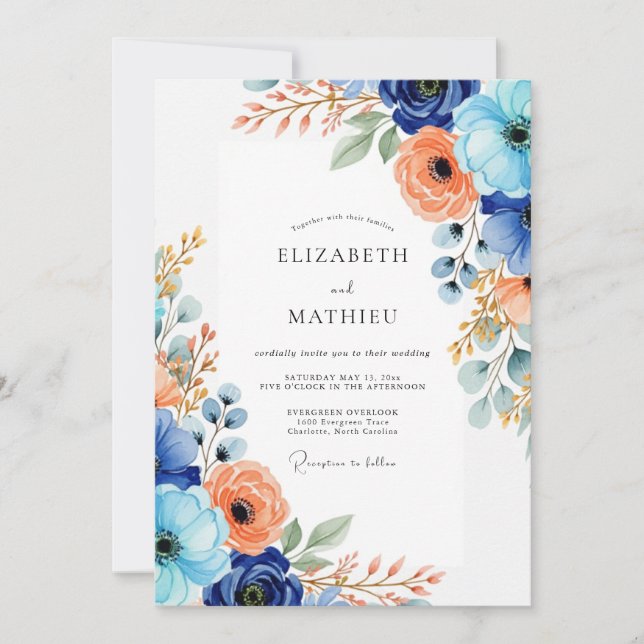 Blue Coral Floral Romantic Wedding Invitation (Front)