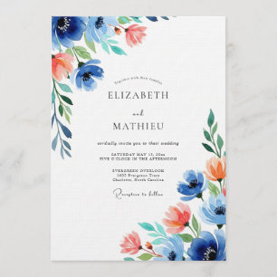 Blue Coral Floral Wedding Invitation