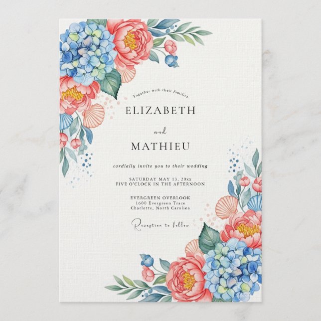 Blue Coral Floral Whimsy Wedding Invitation (Front)