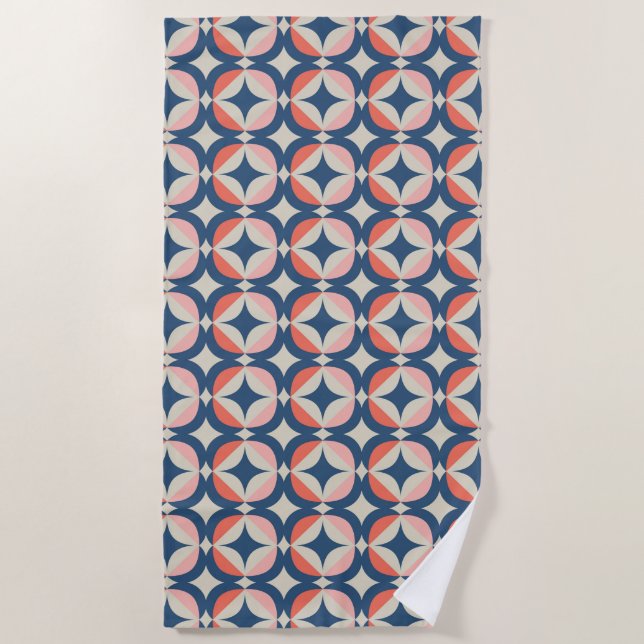 Blue & Coral Geometric Pattern Beach Towel (Front)