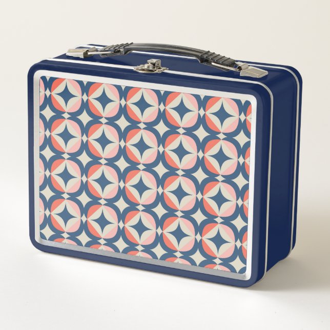 Blue & Coral Geometric Pattern Metal Lunch Box (Front)