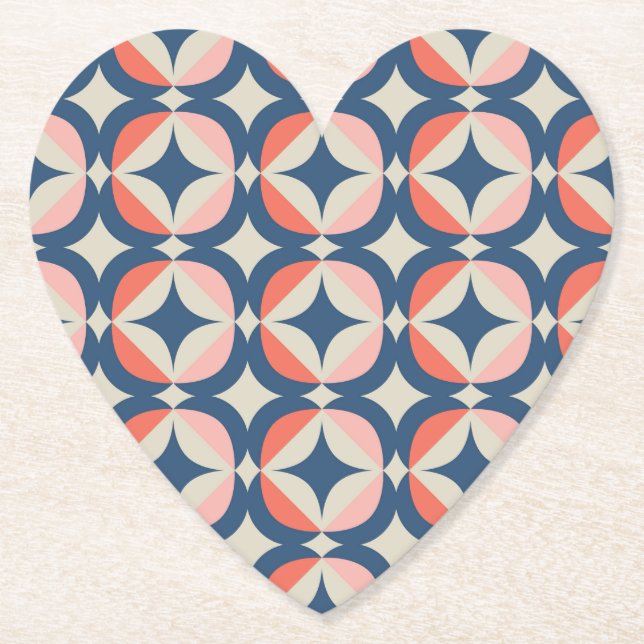 Blue & Coral Geometric Pattern Paper Coaster (Front)