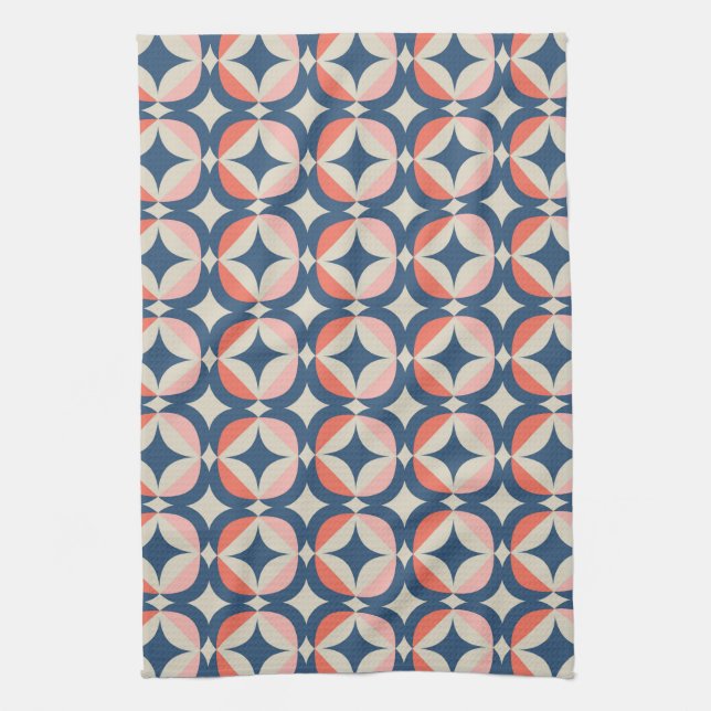 Blue & Coral Geometric Pattern Tea Towel (Vertical)