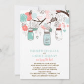 Blue & Coral Mason Jars Floral Wedding Invitation (Back)